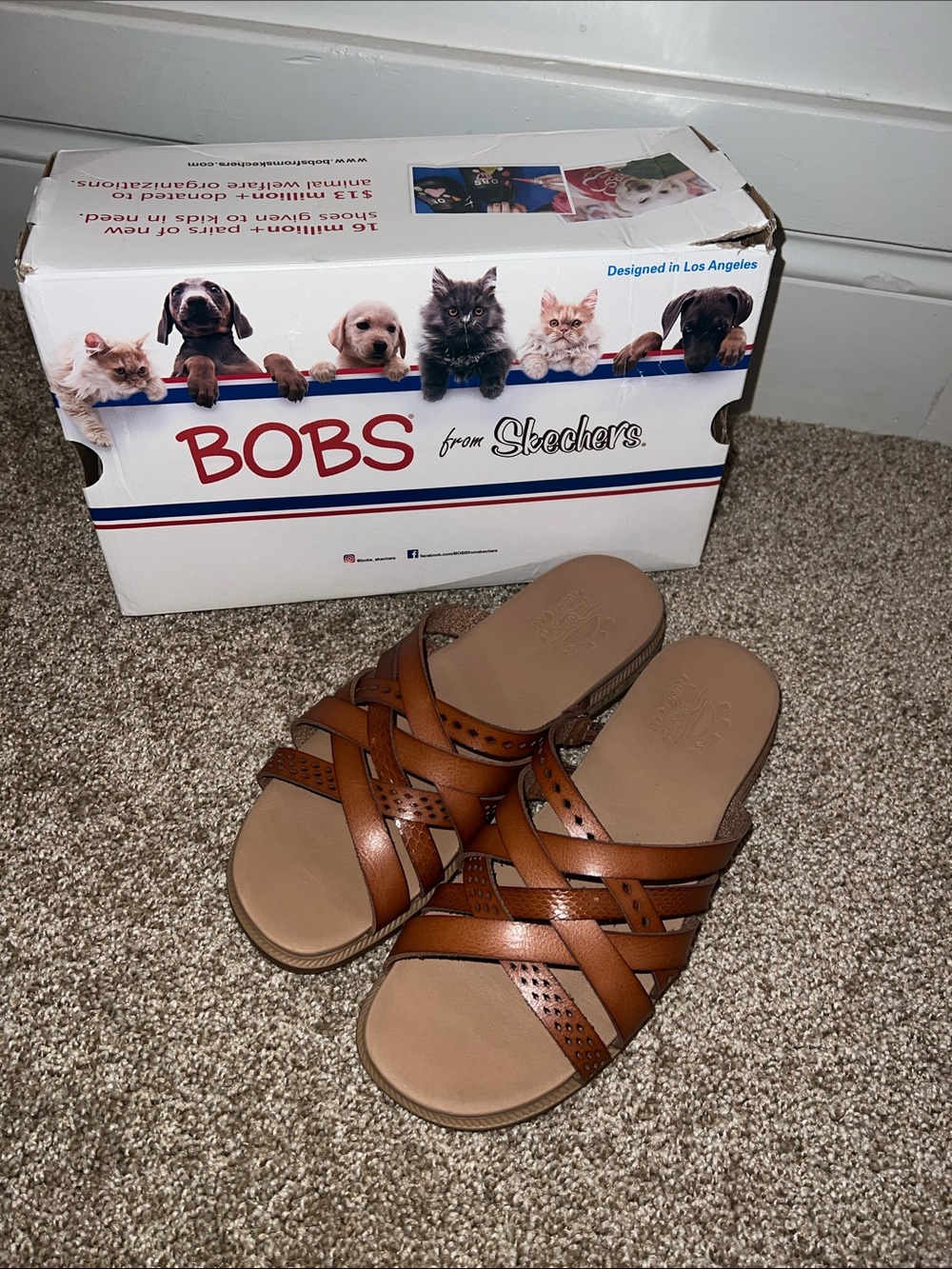 BOBS from Skechers Desert Kiss Low Cognac Brown Cross-Strap Slide Sandals